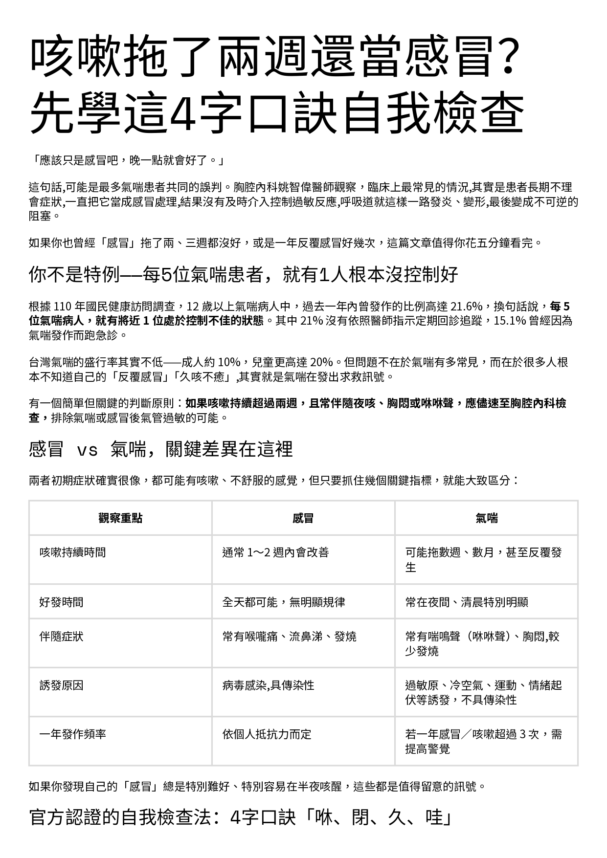 台中長安醫院胸腔內科衛教 - 咳嗽拖了兩週還當感冒？先學這4字口訣自我檢查 (第 1 頁)