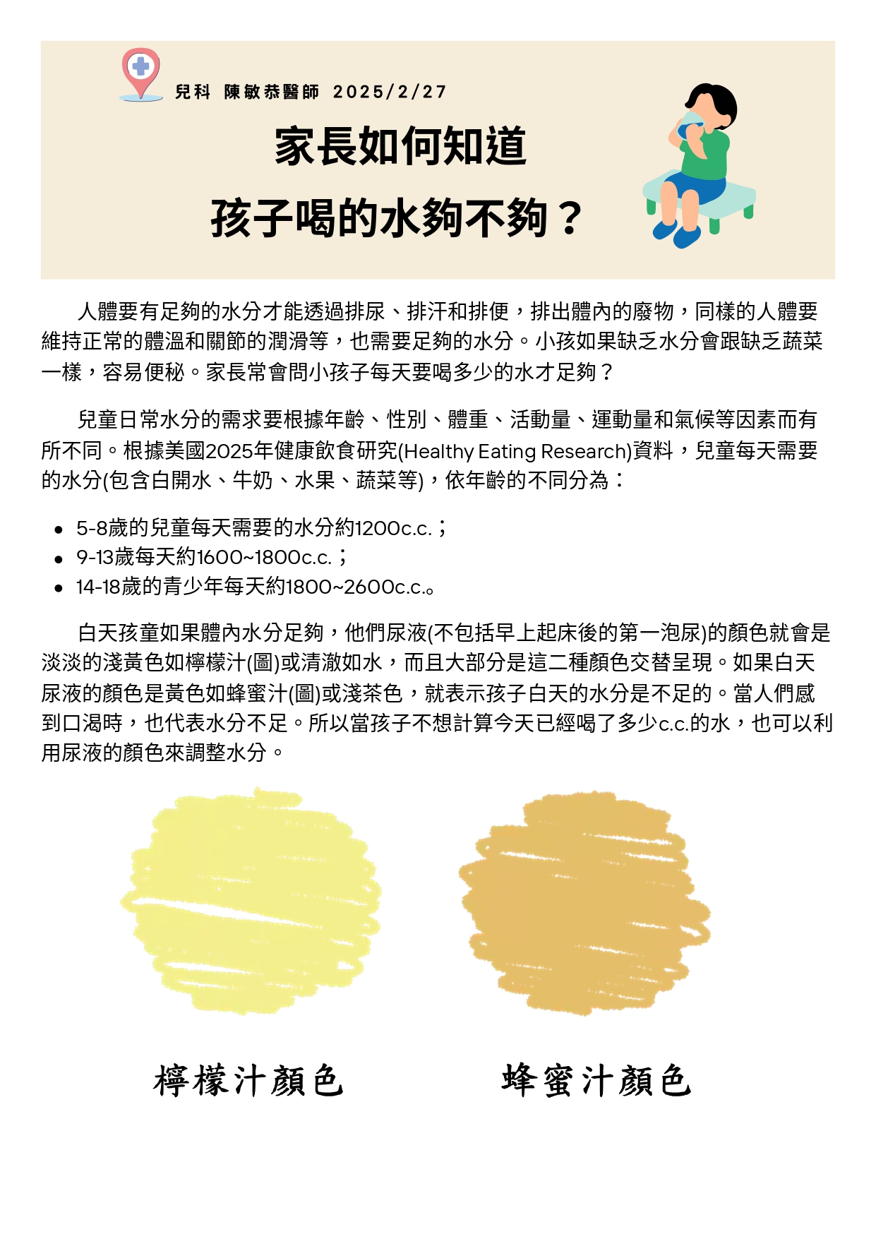 台中長安醫院兒科衛教 - 家長如何知道孩子喝的水夠不夠？ (第 1 頁)