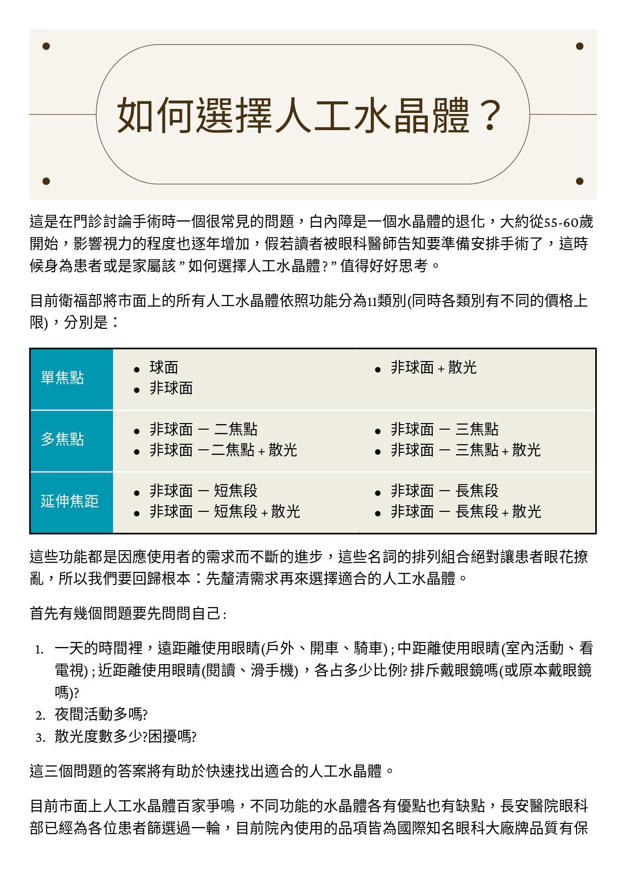 台中長安醫院眼科衛教 - 如何選擇人工水晶體 (第 1 頁)